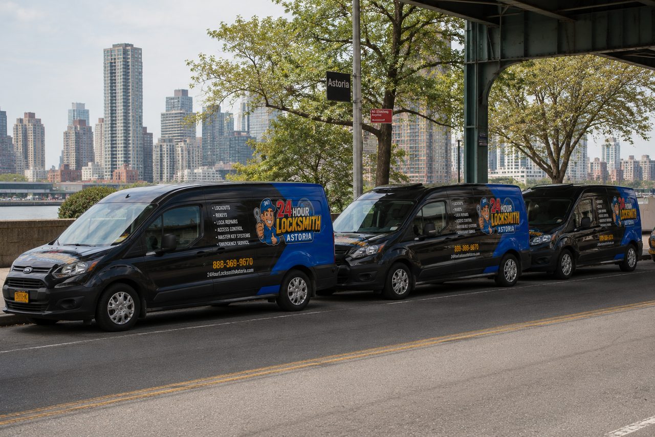 24 Hour Locksmith Astoria vans lined up along the waterfront with the skyline behind
