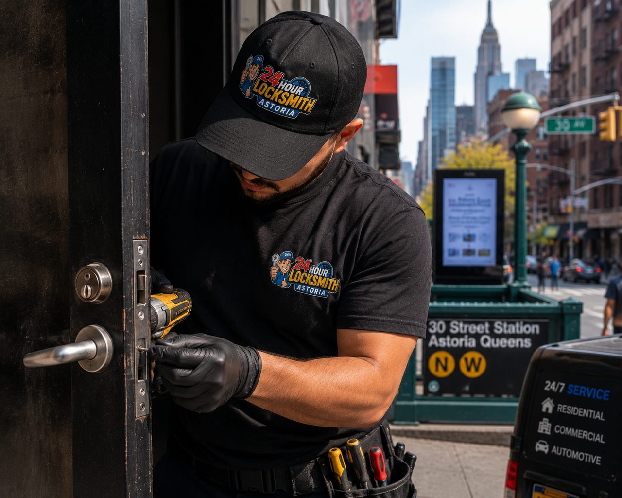 24 Hour Locksmith Astoria locksmith with a key kit on 30th Avenue, Astoria Queens
