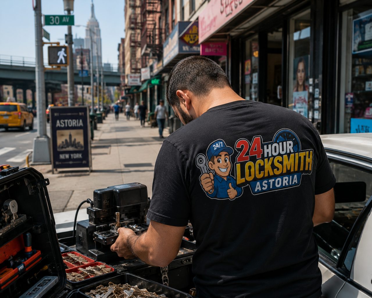 24 Hour Locksmith Astoria technician picking a lock by the 30th Street N/W station